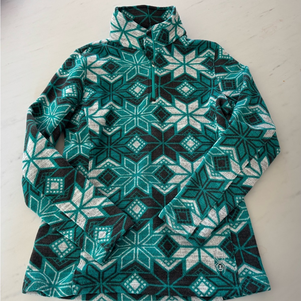 Womens Spyder Alpine Green Snowflake Ski Quarter Fleece Zip Sweater size 10